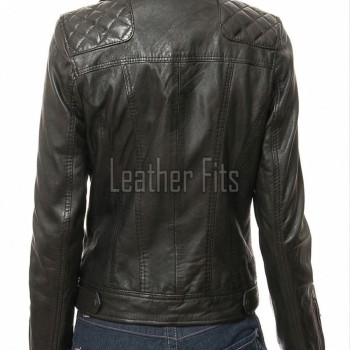 Women's Luxury Black Lambskin Biker Jacket - Fitted Asymmetrical Real Leather Motorcycle Coat with Quilted Shoulders