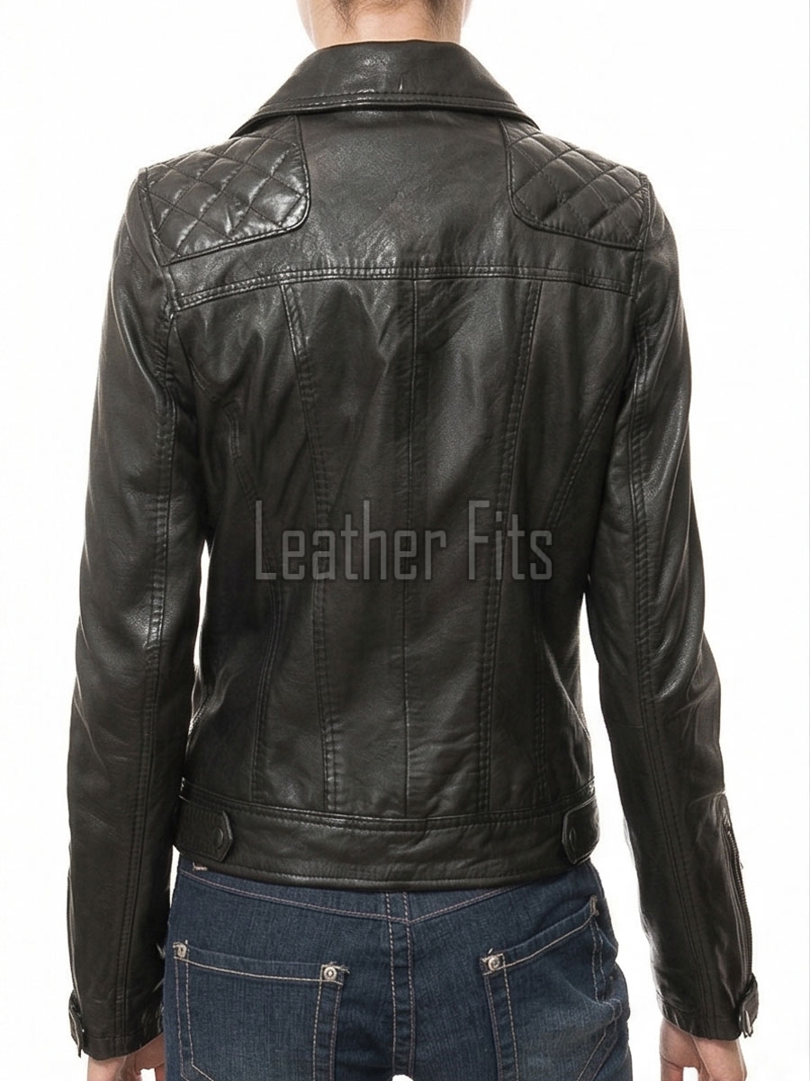 Women's Luxury Black Lambskin Biker Jacket - Fitted Asymmetrical Real Leather Motorcycle Coat with Quilted Shoulders