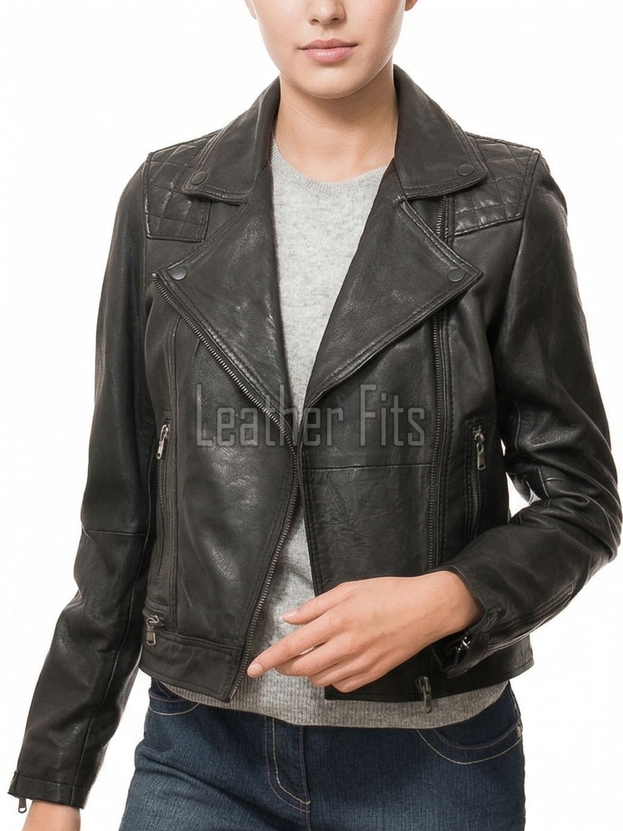 Women's Luxury Black Lambskin Biker Jacket - Fitted Asymmetrical Real Leather Motorcycle Coat with Quilted Shoulders