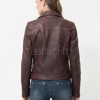 Women's Vintage Burgundy Leather Biker Jacket - Hand-Waxed Distressed Wine Sheepskin Asymmetrical Cafe Racer Coat