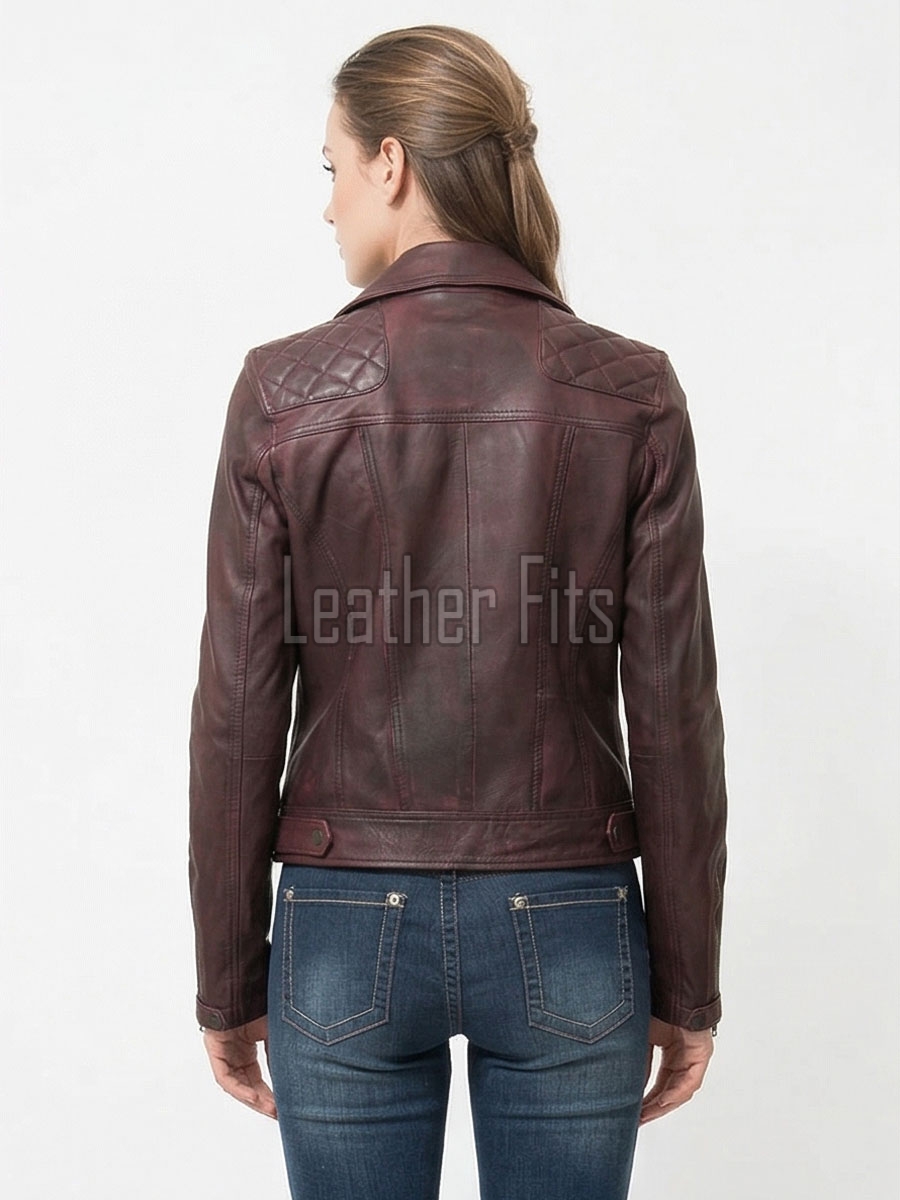 Women's Vintage Burgundy Leather Biker Jacket - Hand-Waxed Distressed Wine Sheepskin Asymmetrical Cafe Racer Coat