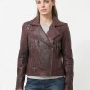 Women's Vintage Burgundy Leather Biker Jacket - Hand-Waxed Distressed Wine Sheepskin Asymmetrical Cafe Racer Coat