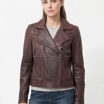 Women's Vintage Burgundy Leather Biker Jacket - Hand-Waxed Distressed Wine Sheepskin Asymmetrical Cafe Racer Coat