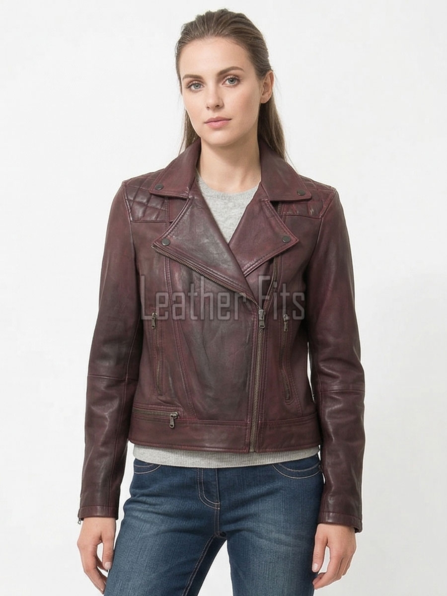 Women's Vintage Burgundy Leather Biker Jacket - Hand-Waxed Distressed Wine Sheepskin Asymmetrical Cafe Racer Coat