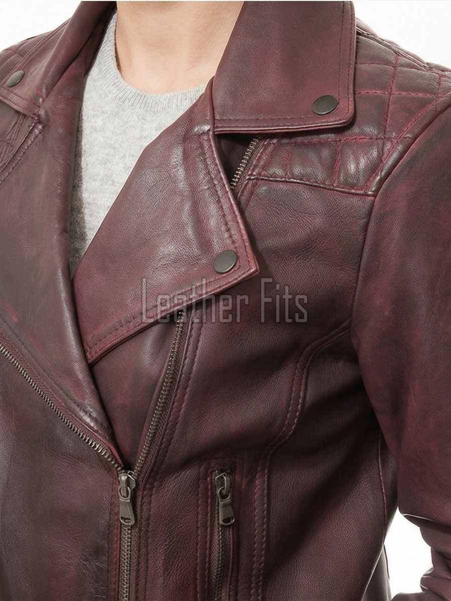 Women's Vintage Burgundy Leather Biker Jacket - Hand-Waxed Distressed Wine Sheepskin Asymmetrical Cafe Racer Coat