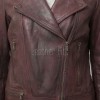 Women's Vintage Burgundy Leather Biker Jacket - Hand-Waxed Distressed Wine Sheepskin Asymmetrical Cafe Racer Coat