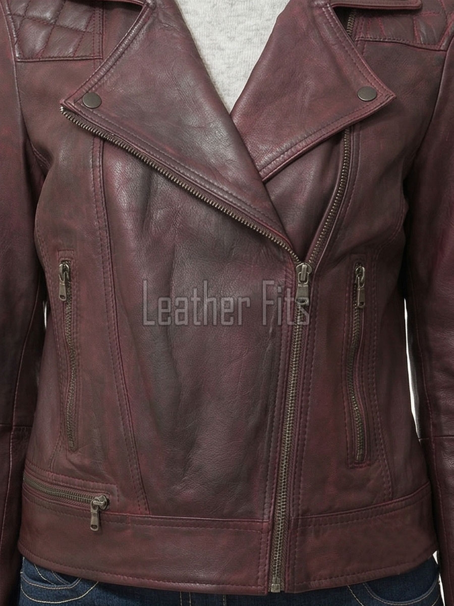 Women's Vintage Burgundy Leather Biker Jacket - Hand-Waxed Distressed Wine Sheepskin Asymmetrical Cafe Racer Coat