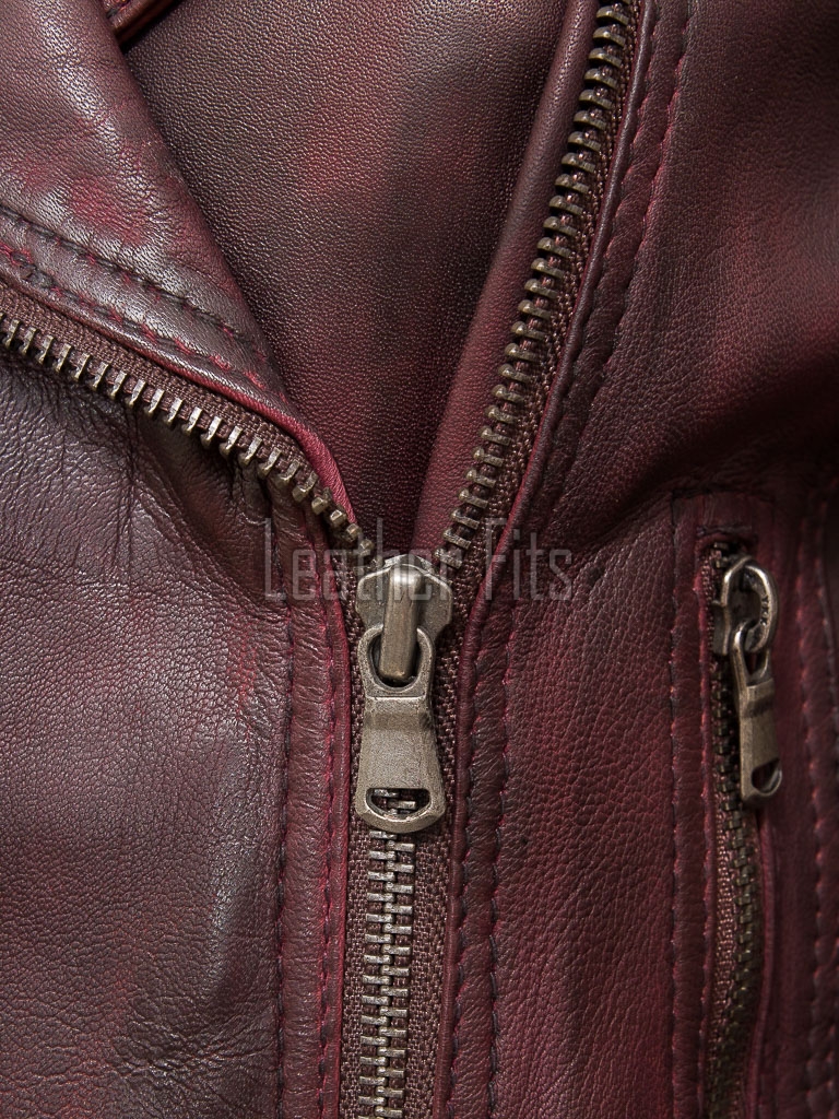Women's Vintage Burgundy Leather Biker Jacket - Hand-Waxed Distressed Wine Sheepskin Asymmetrical Cafe Racer Coat