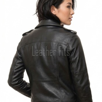 Women's Luxury Jet Black Leather Biker Jacket - Fitted Asymmetrical Genuine Cowhide Moto Outerwear with Waist Belt & Epaulets