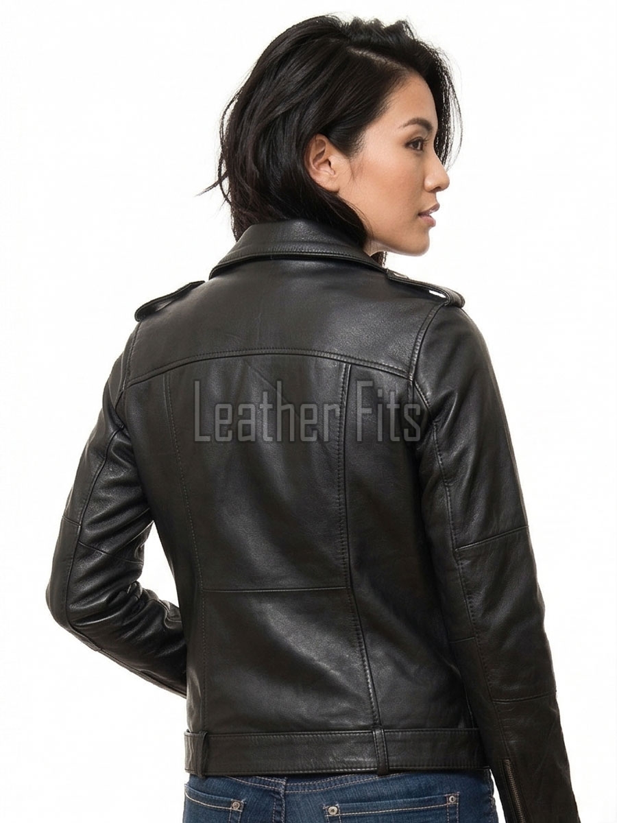Women's Luxury Jet Black Leather Biker Jacket - Fitted Asymmetrical Genuine Cowhide Moto Outerwear with Waist Belt & Epaulets