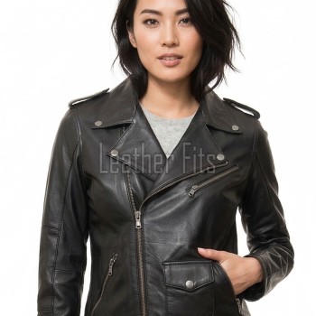 Women's Luxury Jet Black Leather Biker Jacket - Fitted Asymmetrical Genuine Cowhide Moto Outerwear with Waist Belt & Epaulets