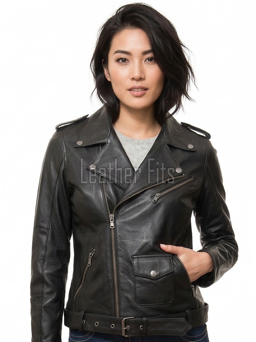 Women's Luxury Jet Black Leather Biker Jacket - Fitted Asymmetrical Genuine Cowhide Moto Outerwear with Waist Belt & Epaulets