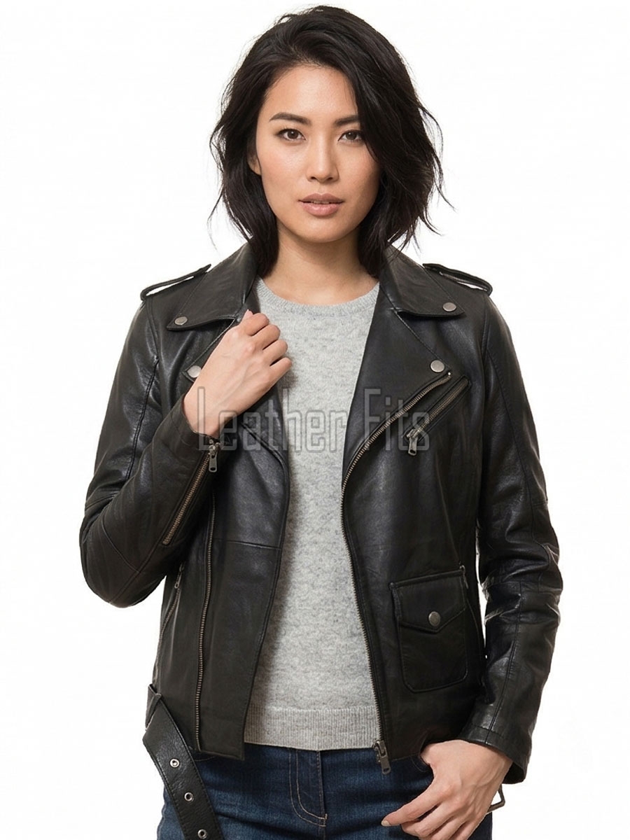 Women's Luxury Jet Black Leather Biker Jacket - Fitted Asymmetrical Genuine Cowhide Moto Outerwear with Waist Belt & Epaulets