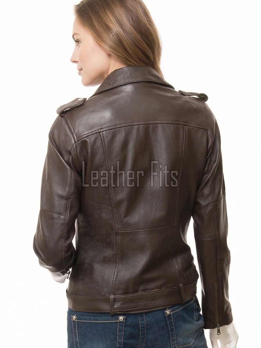 Women's Luxury Chocolate Brown Leather Biker Jacket - Fitted Asymmetrical Real Soft Cowhide Motorcycle Coat with Waist Belt & Epaulets
