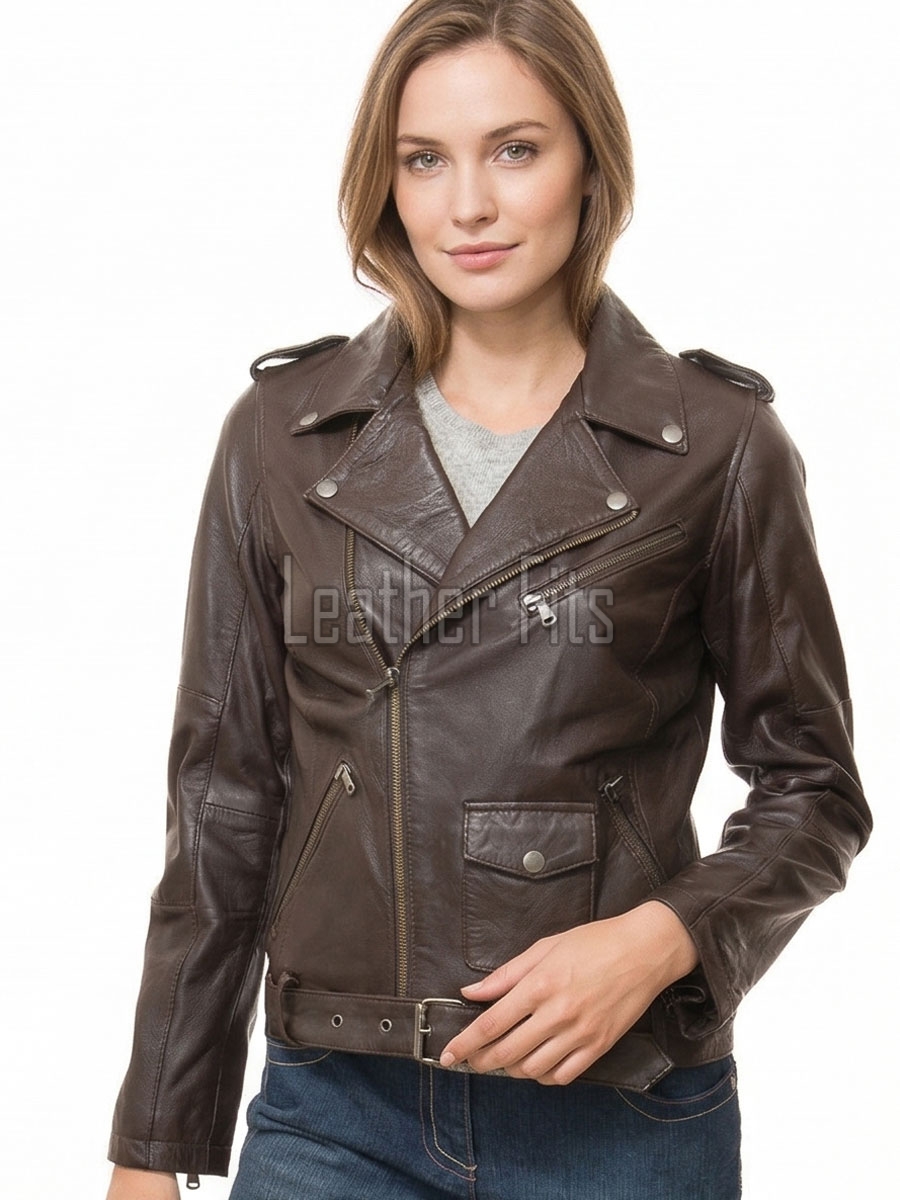 Women's Luxury Chocolate Brown Leather Biker Jacket - Fitted Asymmetrical Real Soft Cowhide Motorcycle Coat with Waist Belt & Epaulets