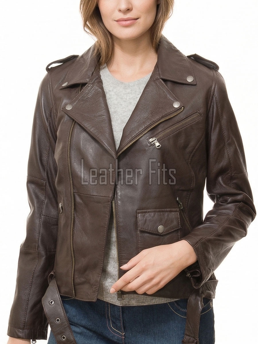 Women's Luxury Chocolate Brown Leather Biker Jacket - Fitted Asymmetrical Real Soft Cowhide Motorcycle Coat with Waist Belt & Epaulets