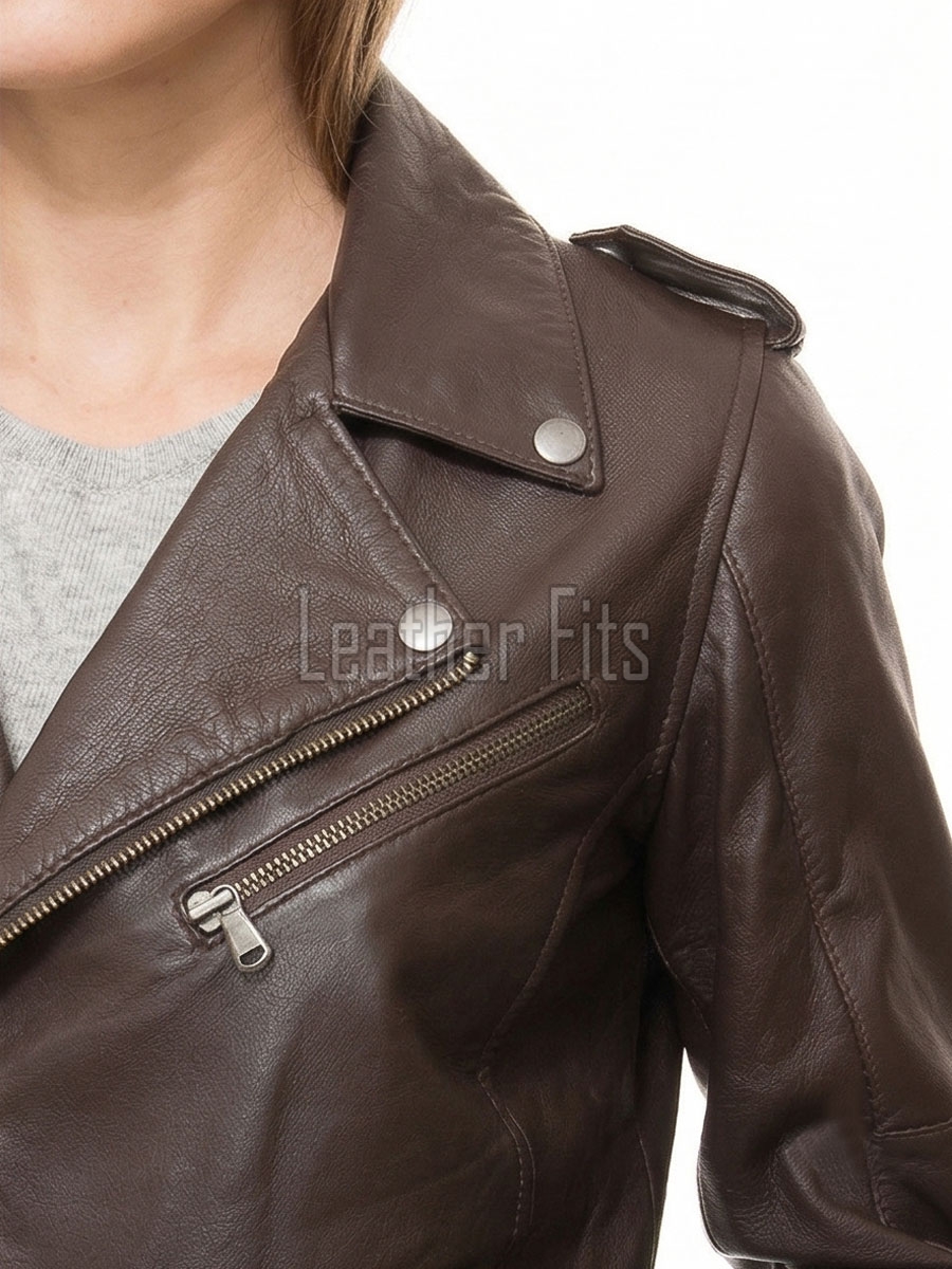 Women's Luxury Chocolate Brown Leather Biker Jacket - Fitted Asymmetrical Real Soft Cowhide Motorcycle Coat with Waist Belt & Epaulets