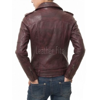 Women's Luxury Oxblood Leather Biker Jacket - Tailored Asymmetrical Merlot Sheepskin Motorcycle Coat with Integrated Waist Belt