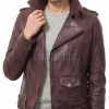Women's Luxury Oxblood Leather Biker Jacket - Tailored Asymmetrical Merlot Sheepskin Motorcycle Coat with Integrated Waist Belt