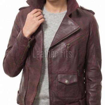 Women's Luxury Oxblood Leather Biker Jacket - Tailored Asymmetrical Merlot Sheepskin Motorcycle Coat with Integrated Waist Belt