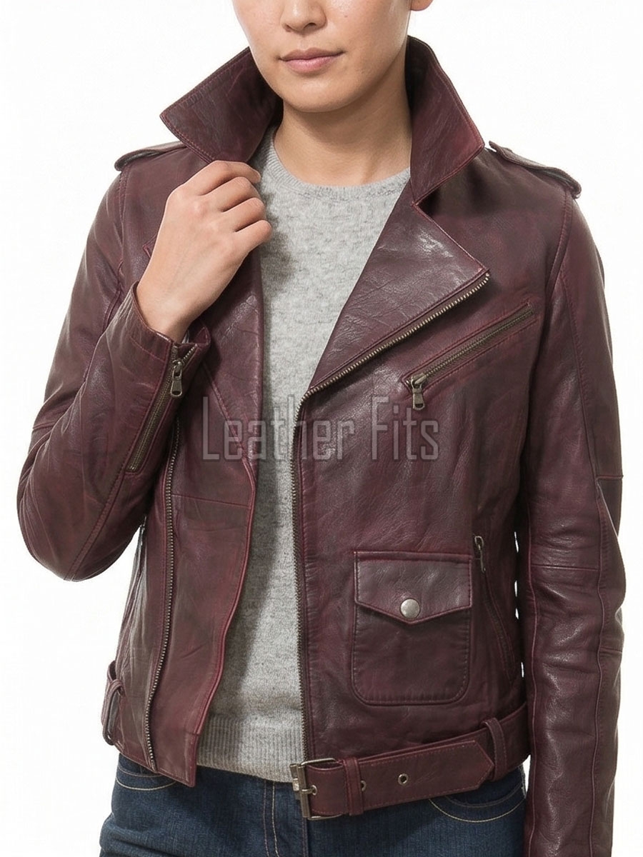 Women's Luxury Oxblood Leather Biker Jacket - Tailored Asymmetrical Merlot Sheepskin Motorcycle Coat with Integrated Waist Belt
