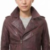Women's Luxury Oxblood Leather Biker Jacket - Tailored Asymmetrical Merlot Sheepskin Motorcycle Coat with Integrated Waist Belt