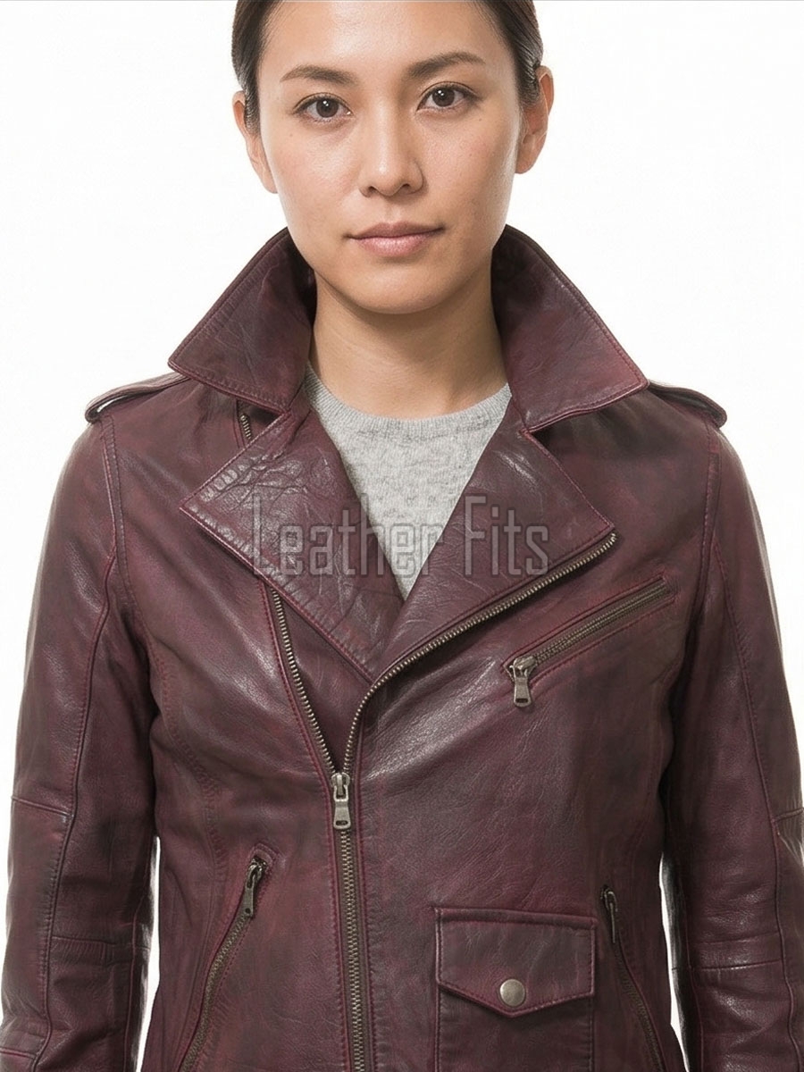 Women's Luxury Oxblood Leather Biker Jacket - Tailored Asymmetrical Merlot Sheepskin Motorcycle Coat with Integrated Waist Belt