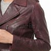Women's Luxury Oxblood Leather Biker Jacket - Tailored Asymmetrical Merlot Sheepskin Motorcycle Coat with Integrated Waist Belt