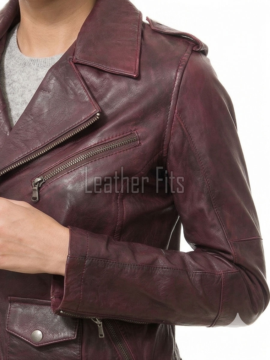 Women's Luxury Oxblood Leather Biker Jacket - Tailored Asymmetrical Merlot Sheepskin Motorcycle Coat with Integrated Waist Belt