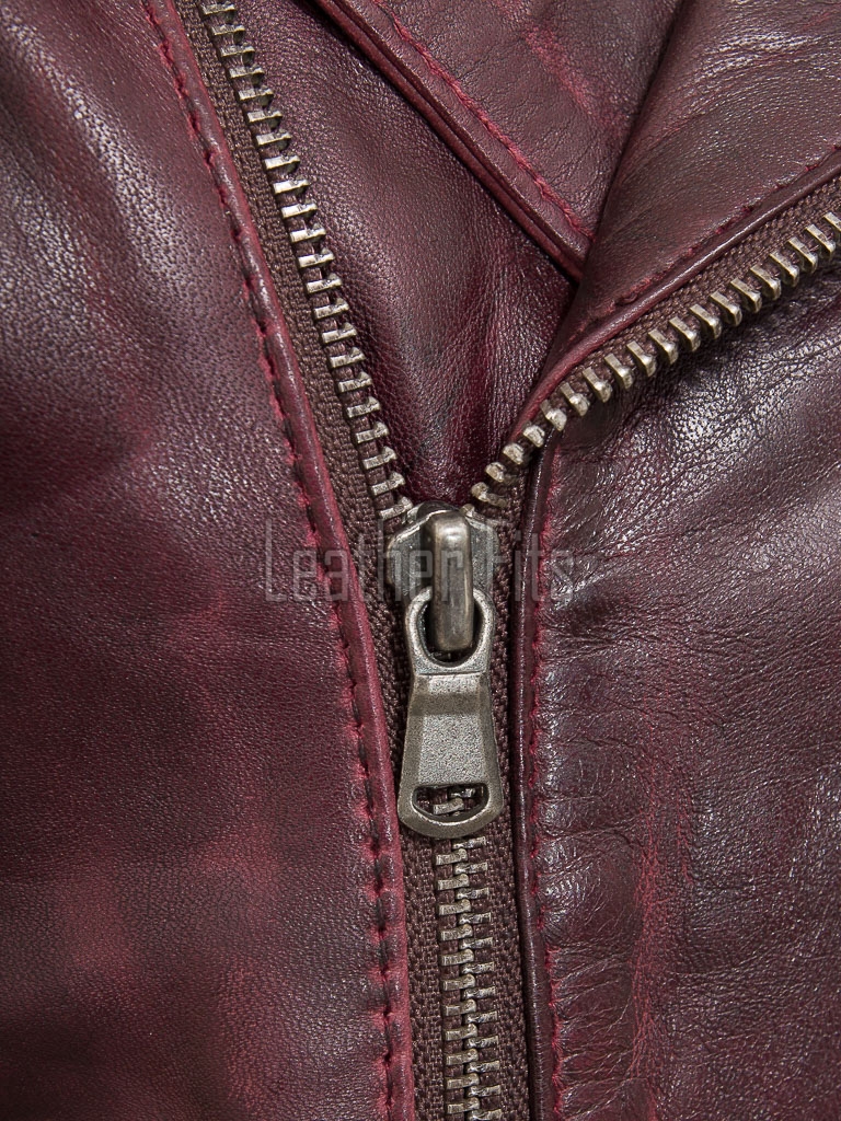 Women's Luxury Oxblood Leather Biker Jacket - Tailored Asymmetrical Merlot Sheepskin Motorcycle Coat with Integrated Waist Belt