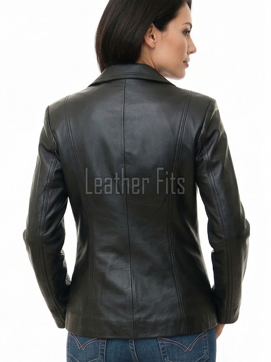 Women's Luxury Onyx Black Leather Blazer - Fitted Single-Breasted Genuine Sheepskin Tailored Coat Jacket