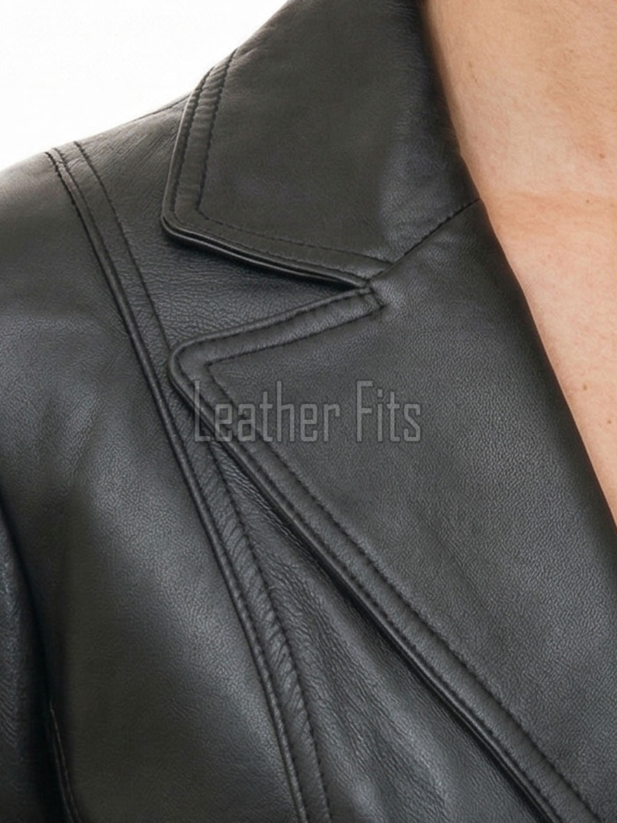 Women's Luxury Onyx Black Leather Blazer - Fitted Single-Breasted Genuine Sheepskin Tailored Coat Jacket