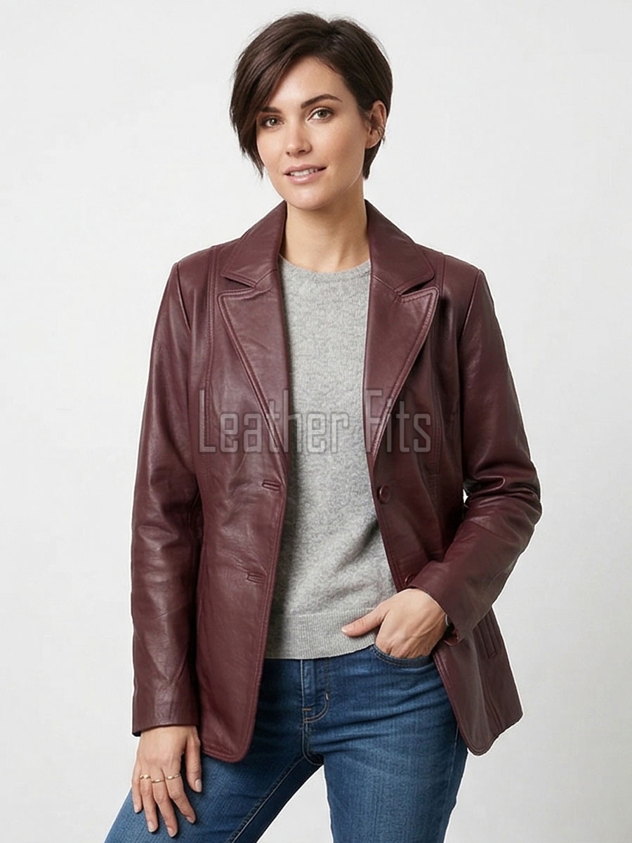 Women's Luxury Maroon Leather  Jacket - Tailored Single-Breasted Genuine Burgundy Lambskin Outerwear Coat