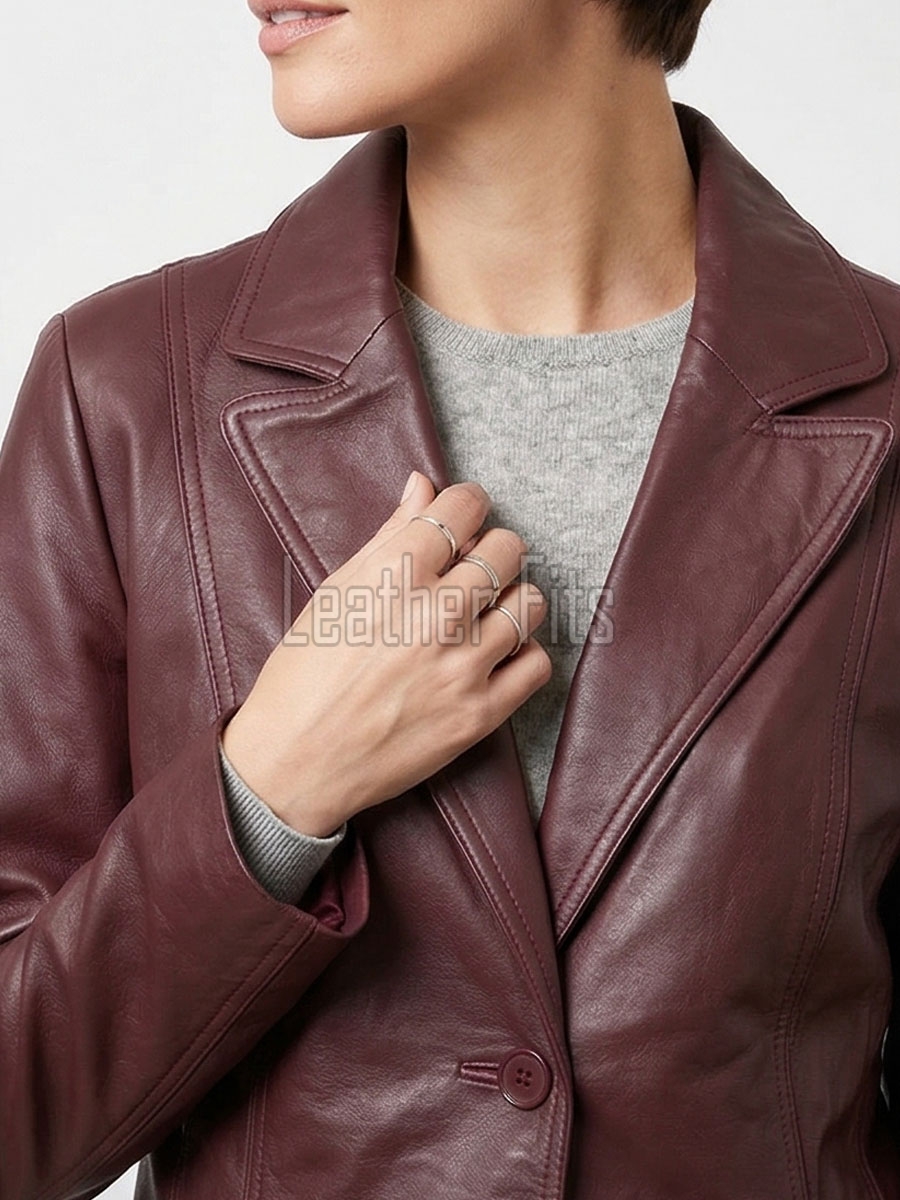 Women's Luxury Maroon Leather  Jacket - Tailored Single-Breasted Genuine Burgundy Lambskin Outerwear Coat