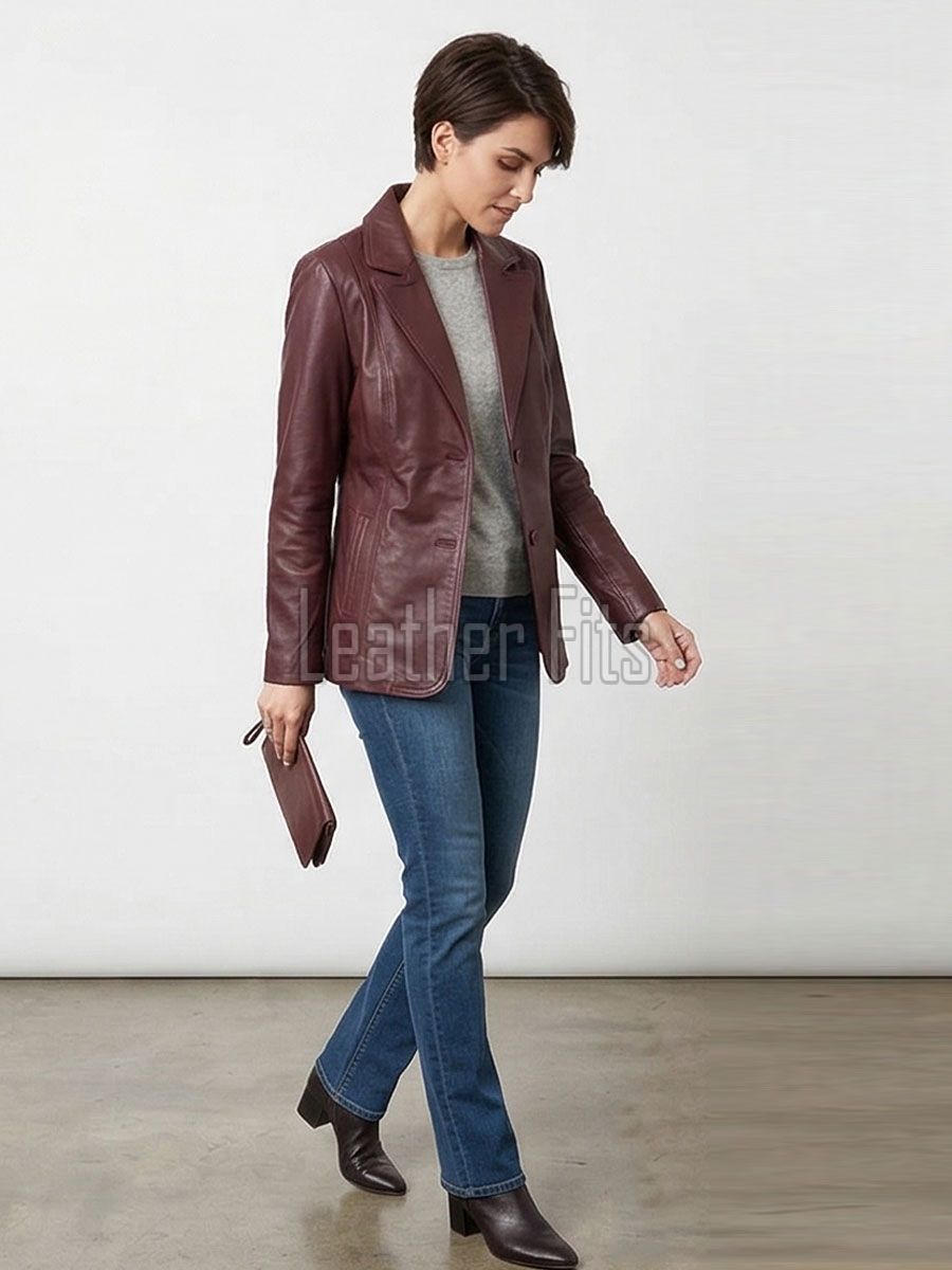 Women's Luxury Maroon Leather  Jacket - Tailored Single-Breasted Genuine Burgundy Lambskin Outerwear Coat
