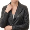 Women's Luxury Black Leather Blazer Jacket - Fitted Single Button Genuine Cowhide Sport Coat Hand-Stitched Edges Silhouette
