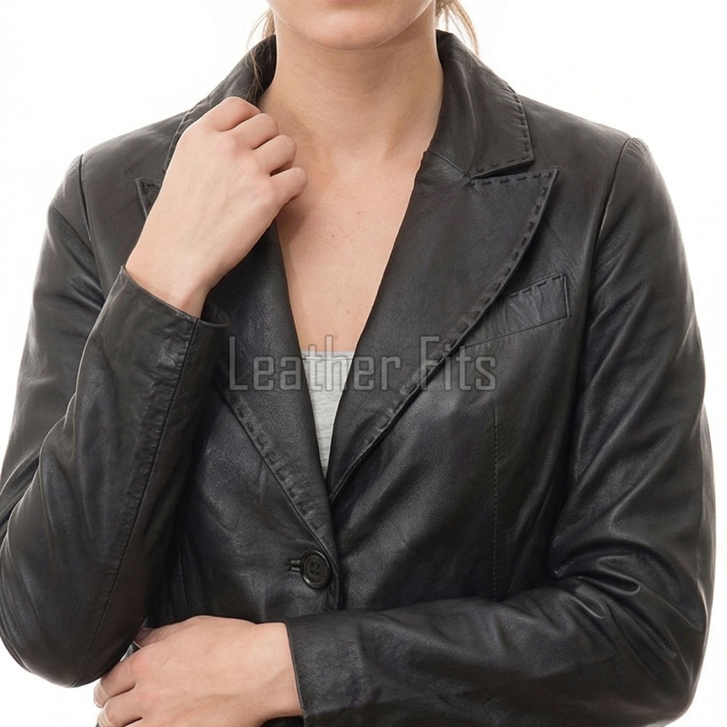 Women's Luxury Black Leather Blazer Jacket - Fitted Single Button Genuine Cowhide Sport Coat Hand-Stitched Edges Silhouette