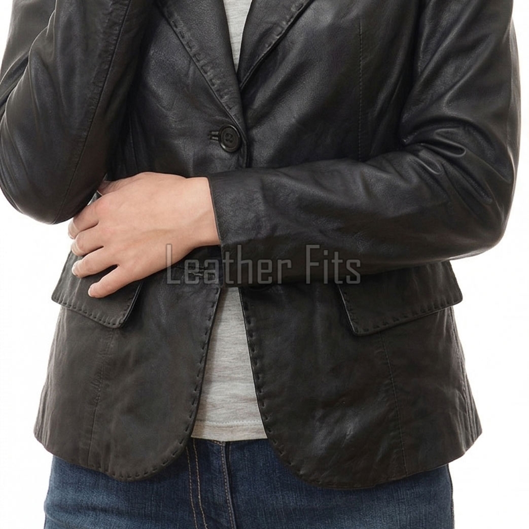 Women's Luxury Black Leather Blazer Jacket - Fitted Single Button Genuine Cowhide Sport Coat Hand-Stitched Edges Silhouette