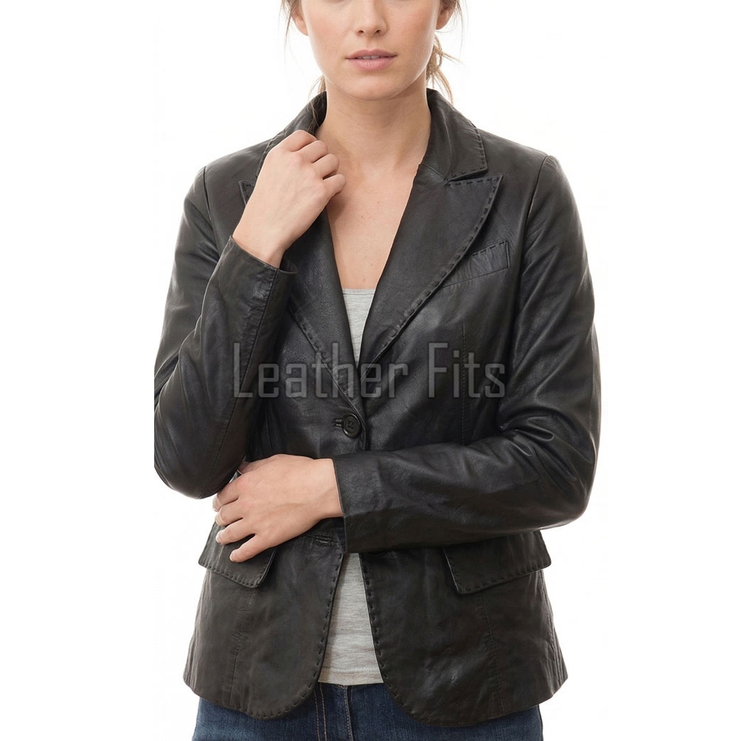 Women's Luxury Black Leather Blazer Jacket - Fitted Single Button Genuine Cowhide Sport Coat Hand-Stitched Edges Silhouette