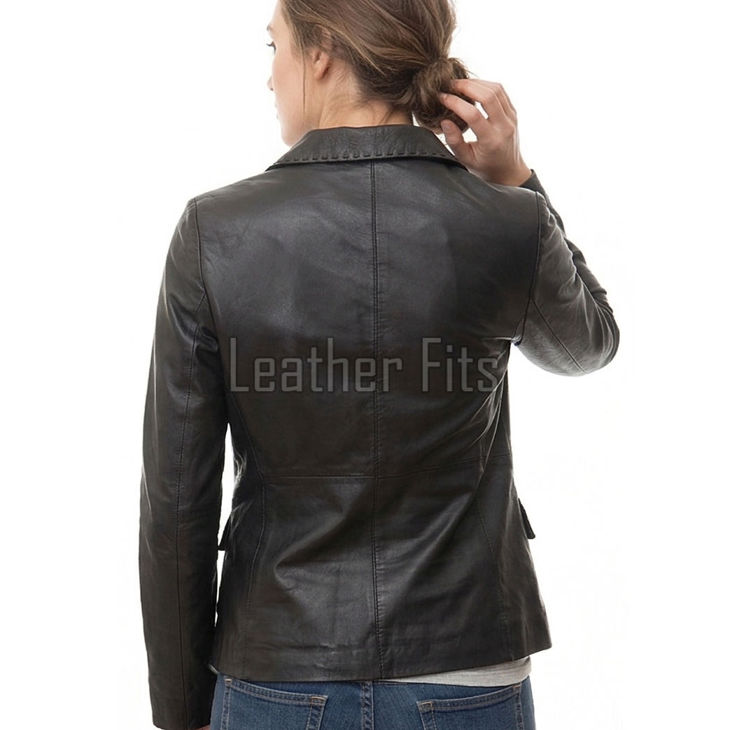 Women's Luxury Black Leather Blazer Jacket - Fitted Single Button Genuine Cowhide Sport Coat Hand-Stitched Edges Silhouette
