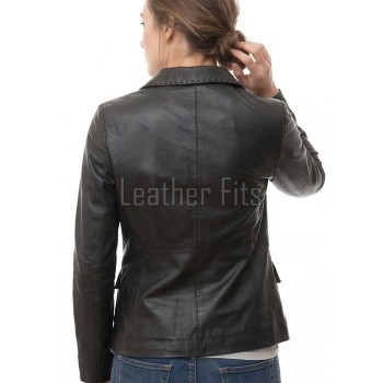 Women's Luxury Black Leather Blazer Jacket - Fitted Single Button Genuine Cowhide Sport Coat Hand-Stitched Edges Silhouette