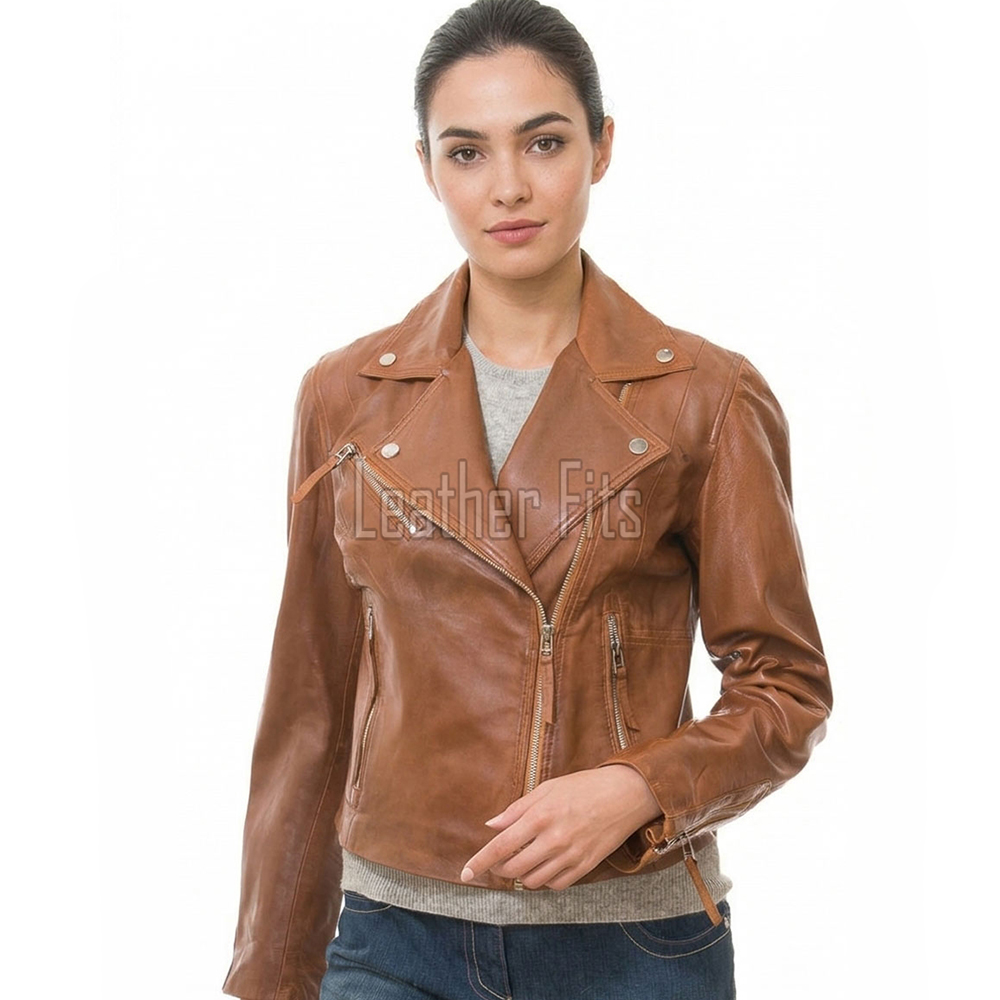 Women's Luxury Cognac Brown Leather Biker Jacket - Fitted Asymmetric Moto Genuine Sheepskin Café Racer Slim Highway Coat