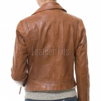Women's Luxury Cognac Brown Leather Biker Jacket - Fitted Asymmetric Moto Genuine Sheepskin Café Racer Slim Highway Coat