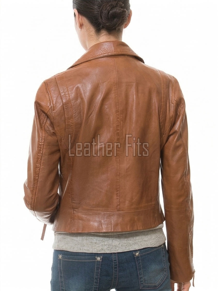 Women's Luxury Cognac Brown Leather Biker Jacket - Fitted Asymmetric Moto Genuine Sheepskin Café Racer Slim Highway Coat