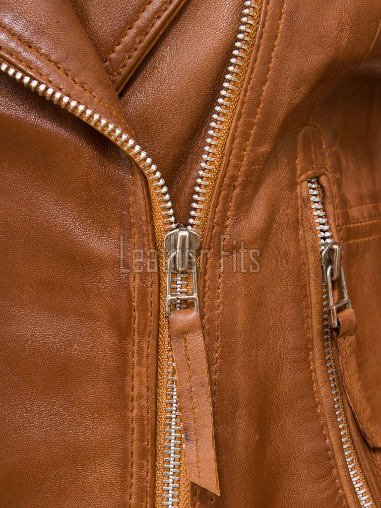 Women's Luxury Cognac Brown Leather Biker Jacket - Fitted Asymmetric Moto Genuine Sheepskin Café Racer Slim Highway Coat