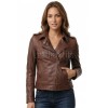 Women's Luxury Brown Leather Biker Jacket - Slim Fit Asymmetric Moto Genuine Lambskin Café Racer Highway Rider Coat