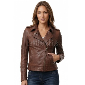 Women's Luxury Brown Leather Biker Jacket - Slim Fit Asymmetric Moto Genuine Lambskin Café Racer Highway Rider Coat
