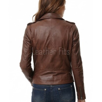 Women's Luxury Brown Leather Biker Jacket - Slim Fit Asymmetric Moto Genuine Lambskin Café Racer Highway Rider Coat