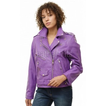 Women's Luxury Violet Purple Leather Biker Jacket - Slim Fit Asymmetric Genuine Lambskin Motorcycle Statement Moto Outerwear Coat