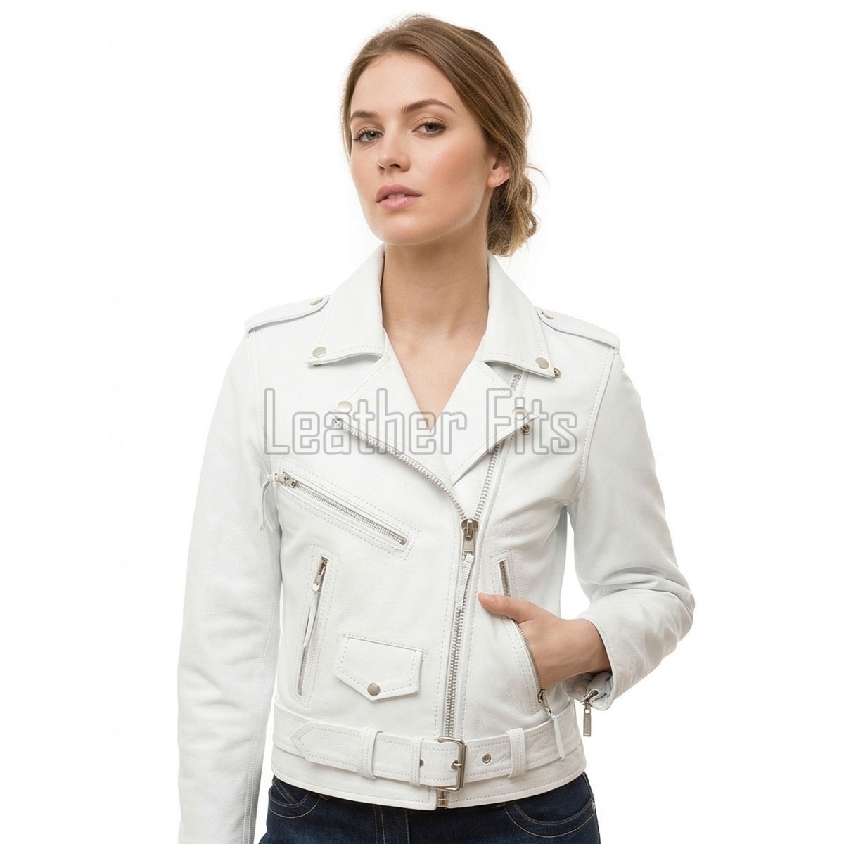 Women's Luxury White Leather Biker Jacket - Slim Fit Asymmetric Genuine Goatskin Motorcycle Statement Highway Rider Moto Coat